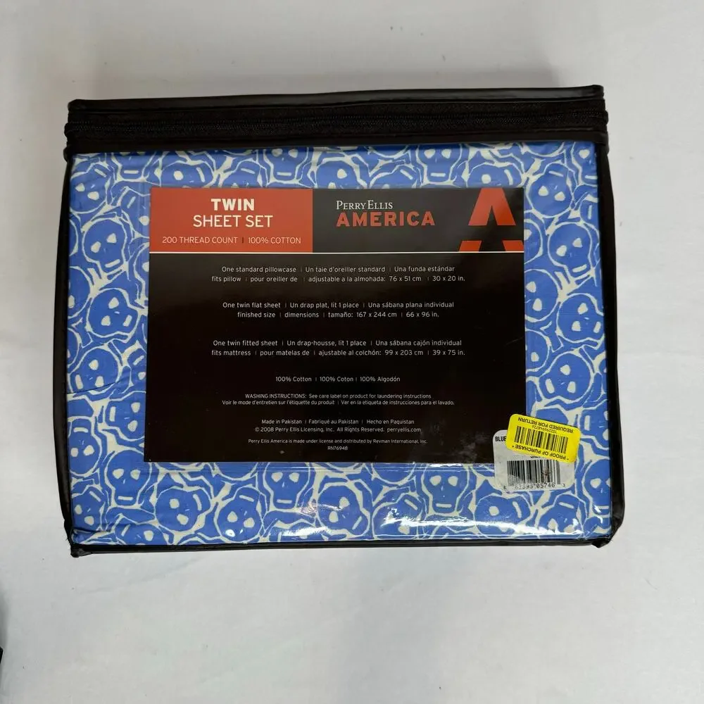 Perry Ellis American Twin Skull Sheet Set 200 Thread Count Blue/White New Rare‎